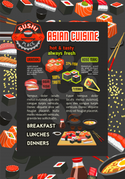 Japanese sushi bar menu poster of asian cuisine restaurant. Salmon fish roll and seafood nigiri sushi, shrimp and tuna sashimi, served on wooden platter with chopsticks, soy sauce and ramen soup