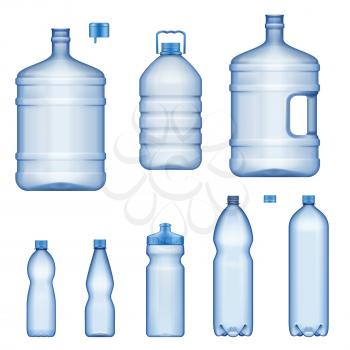 Plastic water bottles, realistic 3D mockup model set. Vector isolated transparent liquid containers, sport drink, juice or mineral drinking water bottle with cap, lid and handle