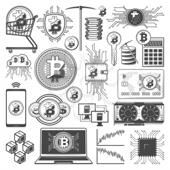 Bitcoin cryptocurrency mining and digital currency blockchain technology symbols. Vector crypto currency digital wallet in smartphone, miner pickaxe and computer chipset cooler and code key