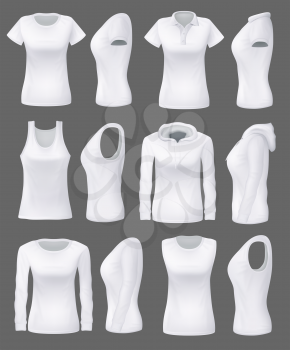 Women clothes and sportswear apparel mockup 3D realistic model, blank front and side view. Vector white t-shirts, sport tank tops and hoodies, casual polo or sleeveless shirt templates