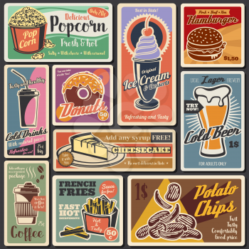 Fast food vintage retro menu posters. Vector fastfood restaurant delivery and takeaway burgers and sandwiches with potato fries chips and popcorn, cheesecake dessert and coffee, donut and beer