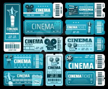 Night film festival or movie premiere tickets. Vector cinema tickets with 3D glasses, video camera and vintage movie projector symbols, actor star award, popcorn, barcode and theater blue seats