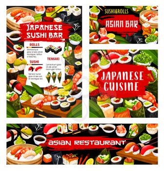 Japanese sushi bar menu, Asian seafood cuisine restaurant food banner. Vector maki and temaki rolls fish and seafod sashimi, tempura hosomaki and wakame seaweed salad bento lunch with chopsticks
