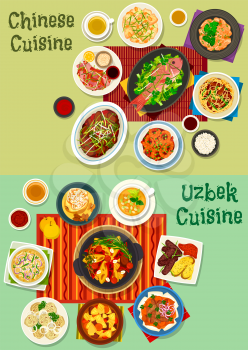 Chinese and uzbek cuisine dinner icon set. Meat dumpling, kebab, noodle with ham, rich meat soup with noodle and vegetable, peking duck salad, chilli shrimp, fish, meat veggies stew and fruit dessert