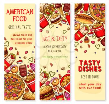 Fast food restaurant lunch with drink and dessert sketch banner set. Hamburger, hot dog, pizza, donut, coffee, french fries, cheeseburger, soda, ice cream cone, egg sandwich, burrito menu flyer design