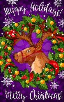 Merry Christmas happy holidays wish for greeting card of Santa deer or reindeer on purple background. Vector Xmas decorations and holly wreath ornament with snowflakes on Christmas tree