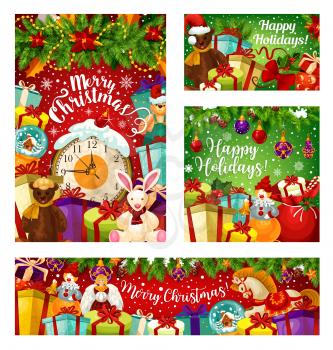 Christmas holiday gift greeting card with New Year garland. Present box with ribbon bow, midnight clock and snowflake festive banner, adorned by Xmas tree and holly branch, ball, toy and poinsettia