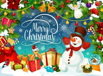 Snowman in hat and mittens on Merry Christmas poster. Gift boxes or presents on snow, cane candy and angel. Fir with cones, orange and Santa hat, garland and jingle bells, bear and holly plant vector