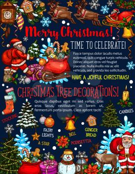 Merry Christmas and happy holidays greeting card design of decorations and Santa gifts. Vector Christmas tree and New Year cookies, snowflakes and snowman with deer for congratulation wishes template