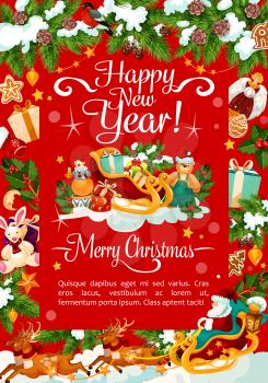 Happy New Year and Merry Christmas wish greeting card for winter holidays celebration. Vector Santa gifts in sleigh under Christmas tree, golden bell and star decoration, snowman and wreath garland