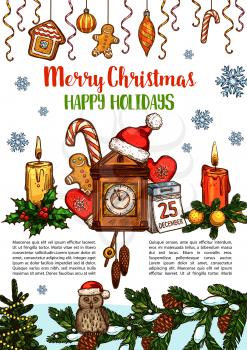 Merry Christmas greeting card sketch for winter holiday season wish. Vector owl in Santa hat, present gift and Christmas tree golden decorations, 25 December calendar and New Year clock in snow