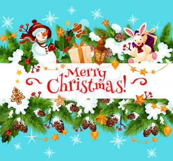 Merry Christmas winter season greeting card and happy holiday wishes. Vector Christmas tree, snowman and Santa gifts on holly wreath garland of golden bells decoration and gingerbread cookie in snow