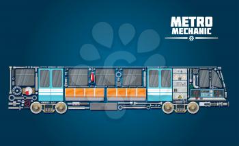 Subway train icon of metro mechanic concept with railcar parts. Underground railway transport poster with parts of engine, wheel and axle, door, gear and window for rapid transit transportation design