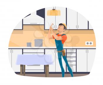 Electrician profession cartoon icon of electrical worker with tool, blue uniform and hard hat. Repairman changing light bulb in kitchen lamp for electrician occupation themes design