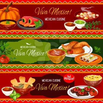 Mexican cuisine restaurant banner design. Meat bean burrito, tomato salsa and guacamole sauce, beef steak, stuffed pepper, chicken soup with tortilla, meat stew estofado, tomato and pumpkin soup