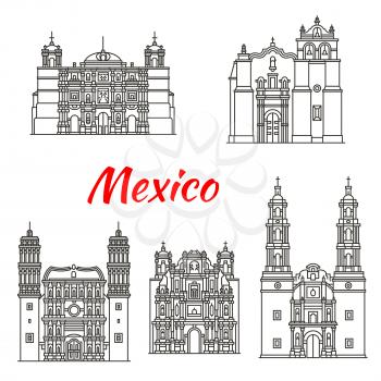 Mexican travel landmark icon set of religious architecture. Roman catholic Basilica of Our Lady of Solitude, Zacatecas Cathedral and Temple of Saint Pedro Apostol, Aguascalientes and Oaxaca Cathedral