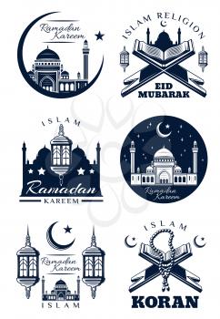Ramadan Kareem icon for islam religion holy month celebration greeting card. Muslim mosque with crescent moon and star, Holy Koran, festive arabian lantern and rosary symbol with Eid Mubarak greetings