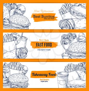 Fast food meals burgers and sandwiches or desserts sketch banners for street food restaurant or cafe menu. Vector fastfood cheeseburger or ice cream and donut dessert combo, hamburger and popcorn