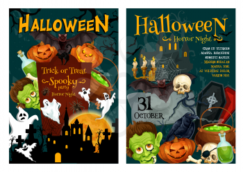 Halloween horror night party poster set. Scary ghost, Halloween pumpkin and bat, spider, creepy skeleton skull and black cat, haunted house, zombie and graveyard frame for autumn holiday banner design