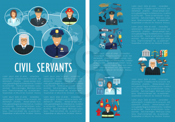 Civil servants of medicine, aviation or law and fire extinguishing. Firefighter man, judge or policeman and military pilot profession with work tools and ammunition. Vector flat poster
