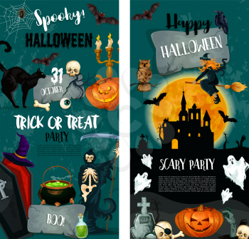 Halloween night spooky party and trick or treat holiday invitation template. Halloween pumpkin, horror ghost and bat, witch, spider and skull, creepy skeleton and haunted house festive banner design