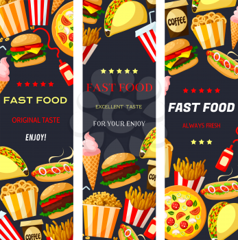 Fast food restaurant banners for fastfood menu. Vector flat set of cheeseburger burger or hamburger and hot dog sandwich, pizza or tacos and donut or ice cream dessert, coffee or soda drink