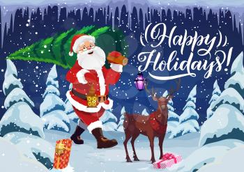 Happy holiday wish, Christmas and New Year, Santa Claus and deer. Vector fir and spruce, winter forest and gift boxes, lantern and icicles. Celebration and congratulation, Noel or Xmas eve, night