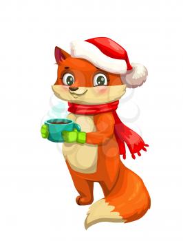 Fox drinking coffee, tea or hot chocolate vector design. Cute red fox animal cartoon character wearing red hat, scarf and glove with cup of hot beverage. Wild forest mammal zoo mascot design