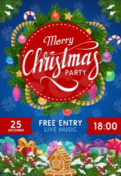 Christmas party invitation vector design with Xmas wreath of gifts and balls. New Year winter holidays presents, ribbon bows and snow, pine tree branches, stars and candy canes, snowflake and tinsel