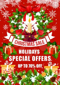 Christmas winter holiday sale special offer poster with Xmas gift and wreath. Holly berry and fir branch with red bow, snowflake and present, candle, snow and ribbon banner with discount price offer