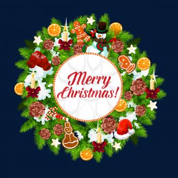 Merry Christmas greeting card of New Year or Xmas holly wreath with golden bell and star decorations. Vector design template of Christmas ornament, gingerbread cookie and candy holiday season