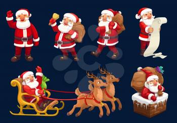 Santa Claus vector icons of Christmas and New Year design. Santa with Xmas gifts, bag and red hat, reindeer sleigh, bell and present boxes, fireplace chimney, deers, sledge and wish list letter scroll