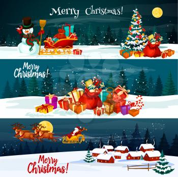 Merry Christmas greeting banners design of Santa with New Year gifts on reindeer sleigh in sky for winter holiday season. Vector snowman and Christmas tree decorations or candy cookies on snow