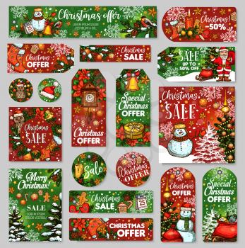 Christmas sale tag and winter holidays gift label set. Christmas discount offer card with Xmas tree, present and Santa, snowman, bell and star, ball, candy, snowflake and sock, cookie, candle and snow