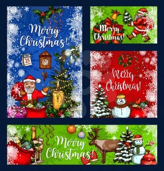 Merry Christmas greeting card, poster or banner sketch design for winter holiday design. Vector Santa deer and snowman with gifts at Christmas tree, clock and golden bell for New Year season