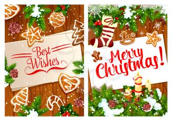 Merry Christmas best wishes greeting card design for winter holiday season. Vector Santa gifts stocking, Christmas tree decoration and New Year gingerbread heart or star cookie and candle in snow