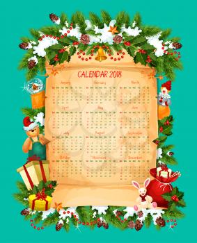 Christmas calendar on paper scroll for 2018 New Year template. Old parchment calendar, decorated with Xmas tree and holly branch, gift, snow and bell, snowflake, star, ribbon and Santa present