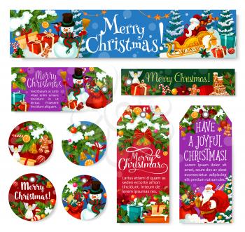Christmas holiday tags, banners and posters for winter season holiday greetings. Vector set of Xmas ornaments on fir tree and holly wreath, Santa gifts bag in New Year deer sleigh