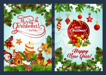 Christmas and New Year holidays greeting poster set. Xmas gift, Santa bell and candle, star, cookie and snowflake greeting card design, edged by holly berry and pine branch with ribbon bow and ball