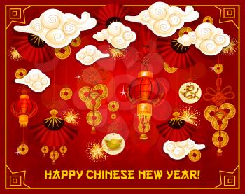 Happy Chinese New Year greeting card traditonal design of golden decorations and symbols on red background. Vector fans in clouds, lanterns and Chinese dragon symbol on gold coins