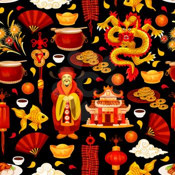 Chinese New Year holiday seamless pattern background. Spring Festival red lantern, oriental dragon and firecracker, god of wealth, lucky coin and pagoda, gold ingot and fan for festive backdrop design