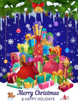 Christmas gifts vector greeting card with Xmas tree garland and bells. New Year winter holiday present boxes and Santa bag on snow with ribbons, bows and snowflake, pine, balls and gingerbread cookies