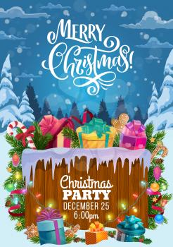 Christmas party vector poster with frame of Xmas tree and gifts garland. Present boxes, ribbon bows and candies, balls, lights and snow on pine branches, New Year winter holidays invitation design