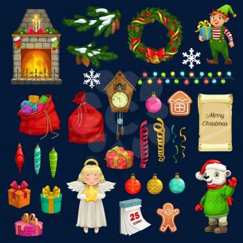 Christmas and New Year vector icons. Winter holidays Xmas tree, gifts and Santa bags, snowflakes, present boxes and angel with star, wreath with bell, ribbons and snow, ornament balls and gingerbread