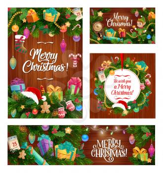 Merry Christmas calligraphy greetings and Xmas tree decorations on wood background. Vector Santa hat on Christmas wreath, golden star ornament and elf with confetti, firecracker and eve clock