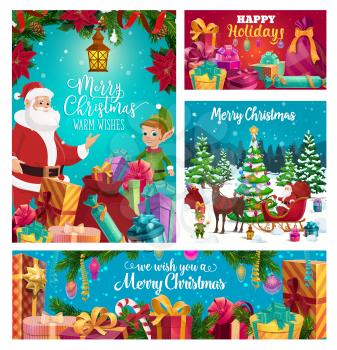 Winter holidays celebration, Santa Claus and Elf helper. Vector sleigh and deer, forest and Xmas tree, gift boxes or present sack. Cane candy and holly plant, cone and lantern, wishes and greetings