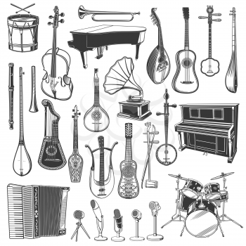 Musical instrument, microphone and gramophone sketches of ethnic and classical music. Vector piano, drums and guitar, trumpet, bass and mandolin, flute, shamisen and vihuela, tanbur, tar and citra