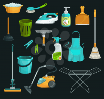 House cleaning product icons of household supplies vector design. Detergent bottle, bucket and soap, window spray, mop and broom, vacuum cleaner, brush and dustpan, waste basket, squeegee and plunger