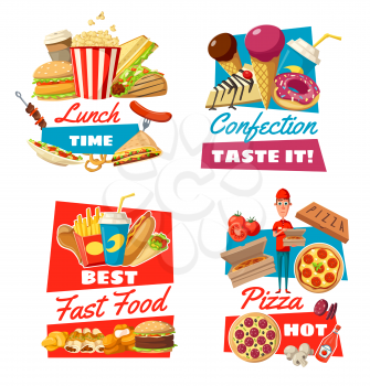 Fast food and pastry icons with pizza or cheeseburger and hamburger. Popcorn and soda drinks, ice cream and cake or doughnut, hot dog and french fries. Doner and sandwich, barbecue and coffee vector