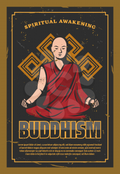 Buddhism Oriental religion poster with bald monk sitting in lotus pose. Religious calm person from India in red robe doing meditation with endless knot symbol, spiritual awakening banner vector